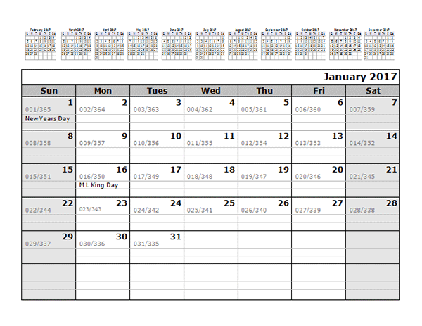 2017 Monthly Julian Calendar 12 Months Top