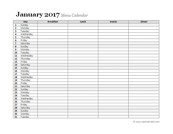 2017 Monthly Menu Planner