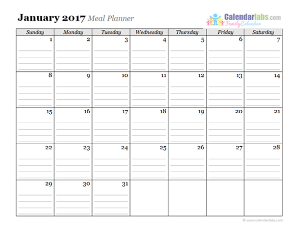 2017 Monthly Menu Planner