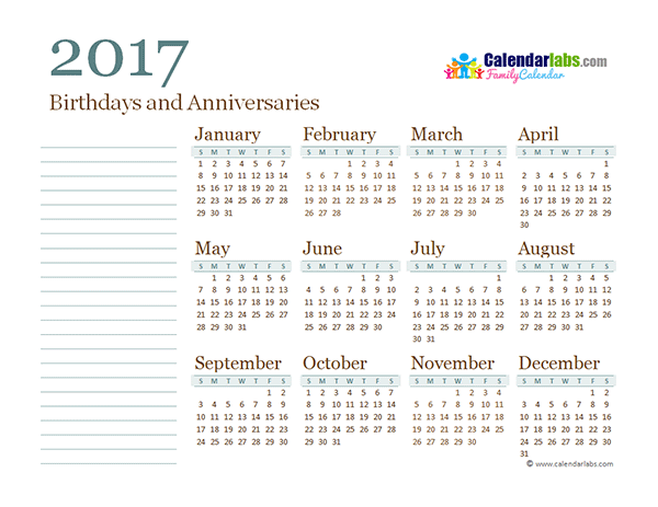 2017 Yearly Family Calendar