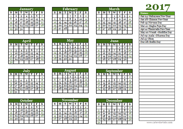 2017 Buddhist Festivals Calendar Template