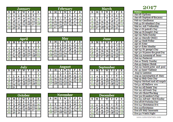2017 Christian Festivals Calendar Template