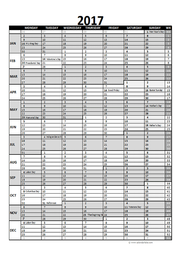 2017 Excel Calendar for Project Planning