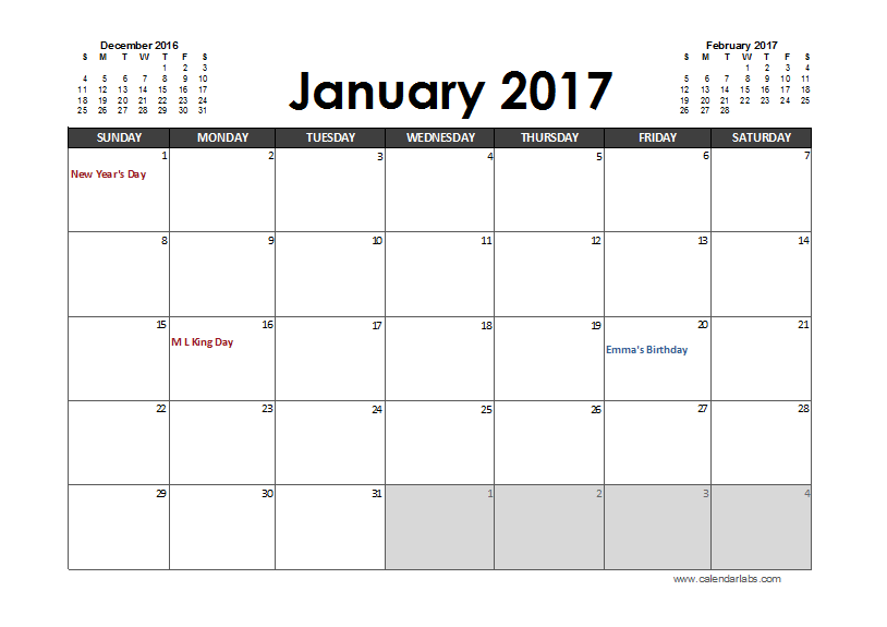Calendar Excel Template 2017