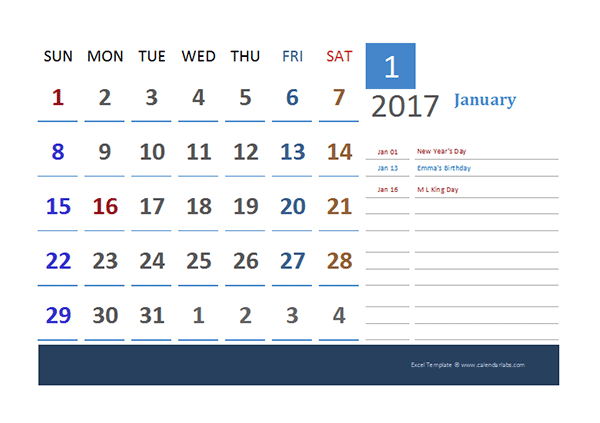 2017 Excel Calendar for Vacation Tracking