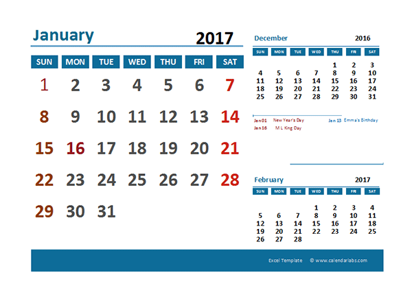2017 Excel Calendar with Holidays