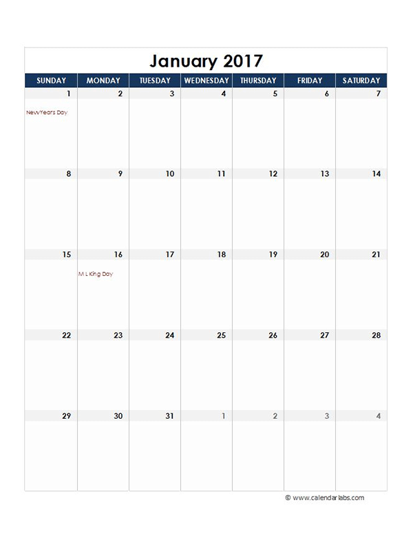 2017 Excel Monthly Calendar Template