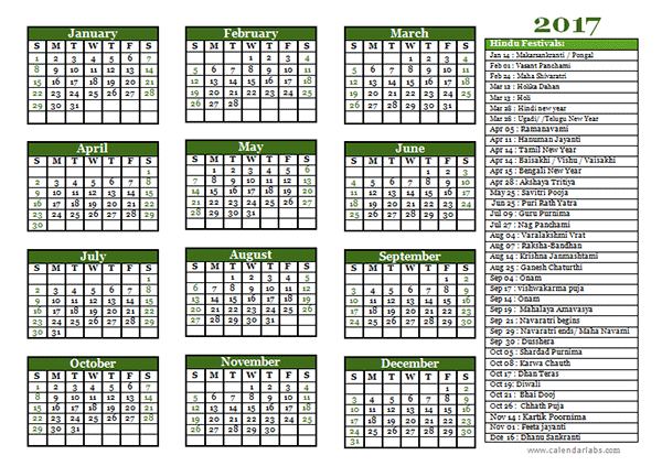 2017 Hindu Festivals Calendar Template