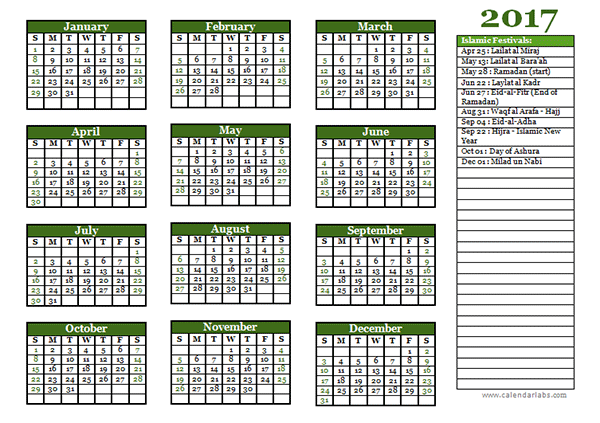 2017 Islamic Festivals Calendar Template