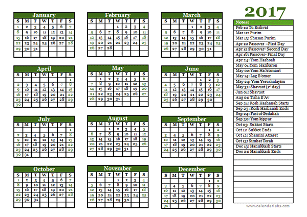 2017 Jewish Festivals Calendar Template