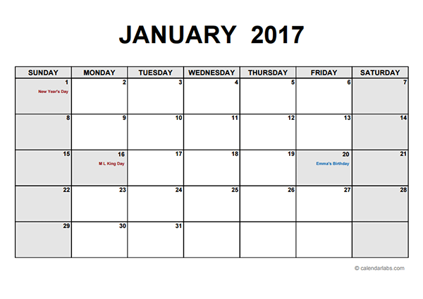 2017 Monthly Calendar PDF  Free Printable Templates