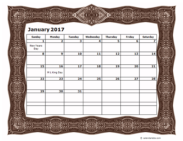 2017 Monthly Calendar Template with Frame Design