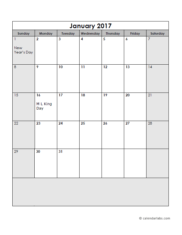 2017 Calendar Template Large Boxes Free Printable Templates