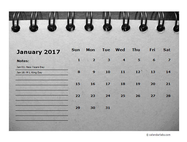 2017 Monthly Calendar Template Room for Notes