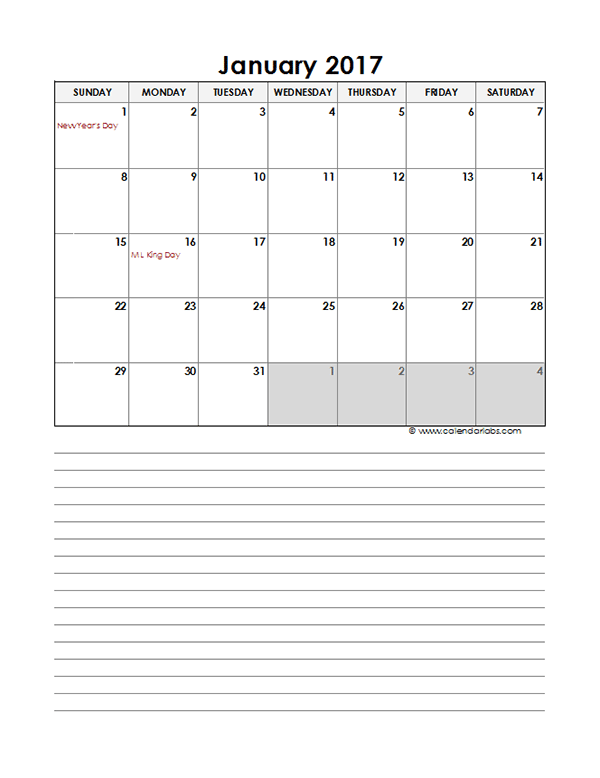 2017 Monthly Excel Template Calendar