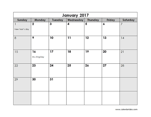 2017 Monthly Calendar  Free Printable Templates