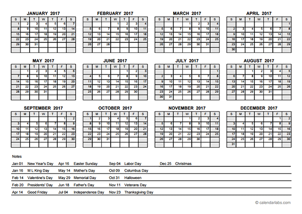 2017 PDF Yearly Calendar With Holidays