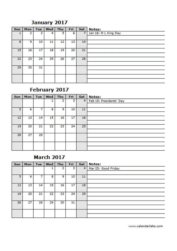 2017 Three Month Calendar Template 12L - Free Printable ...