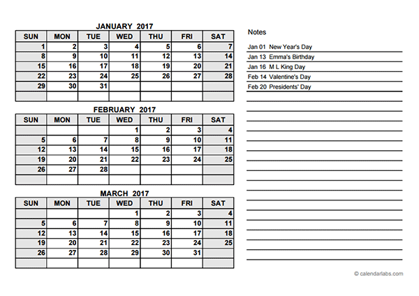 2017 Quarterly Calendar PDF