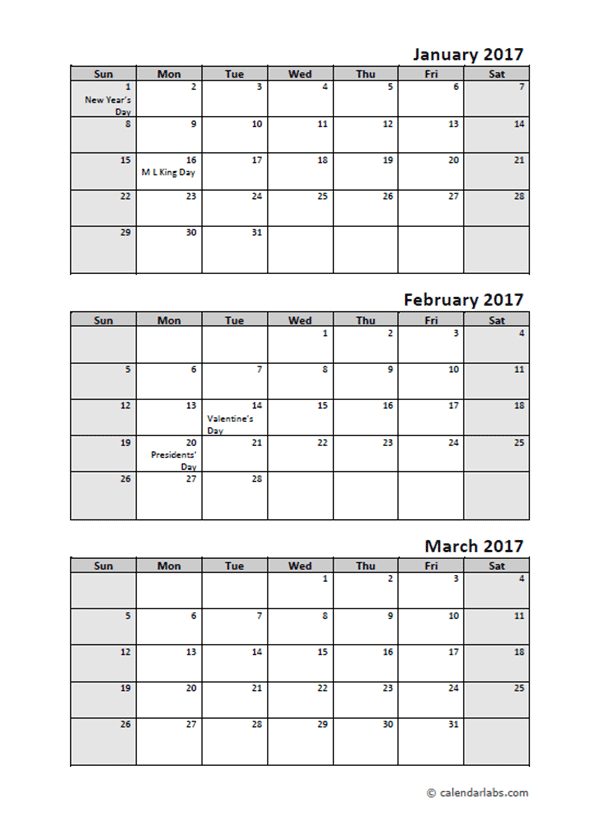 2017 Quarterly Calendar With Holidays