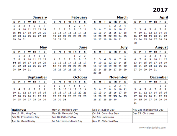2017 Year Calendar Template US Holidays  Free Printable Templates