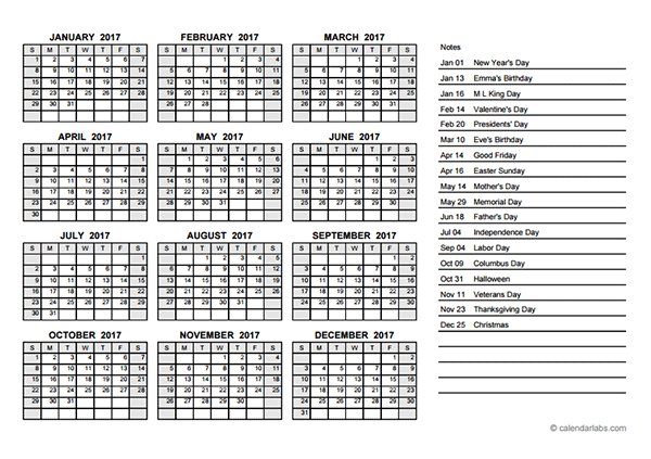 2017 Yearly Calendar PDF