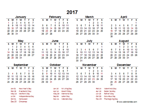 2017 Yearly Calendar Template Excel
