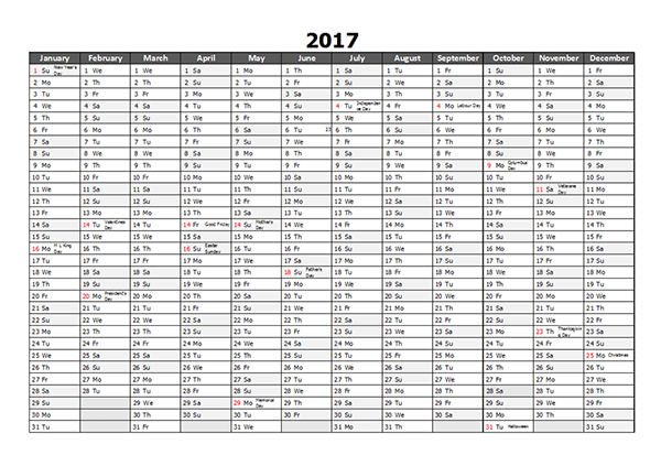 2017 Yearly Excel Scheduling Calendar