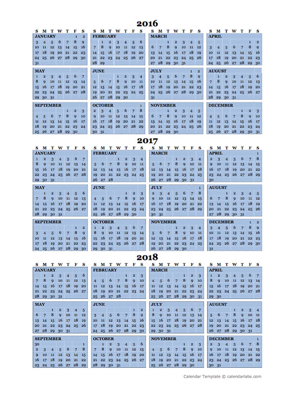 Three Year Calendar Template 2016 to 2018