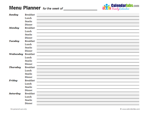 2017 Weekly Menu Planner