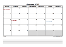 2017 Excel Monthly Calendar with Notes
