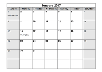 2017 Monthly Calendar Template With Holidays