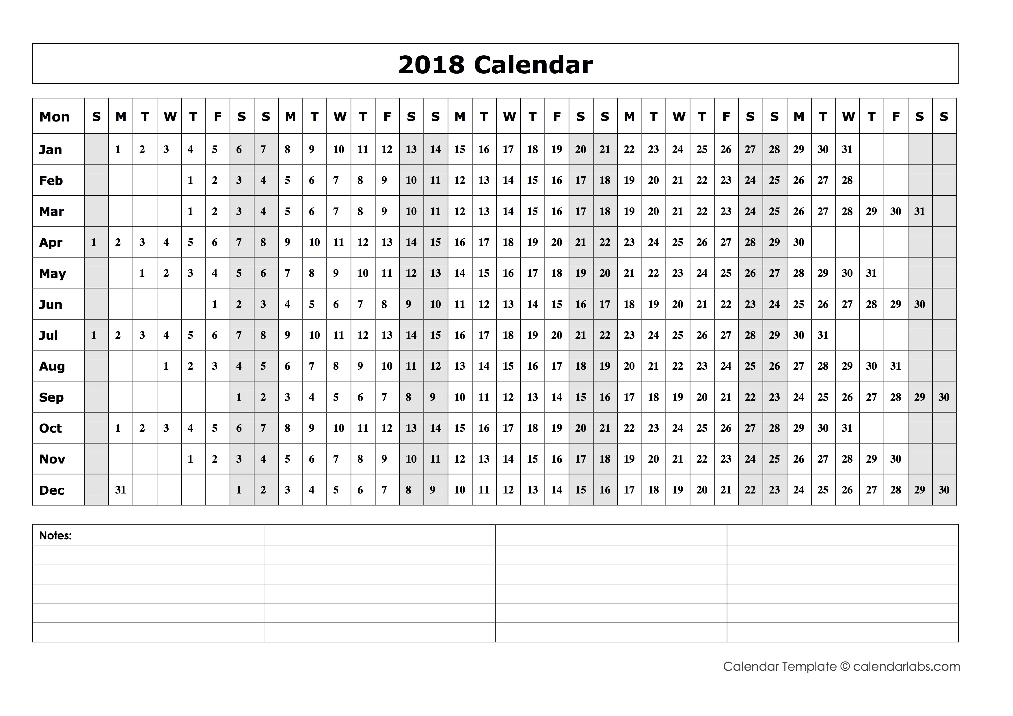 2018 blank year at a glance calendar free printable