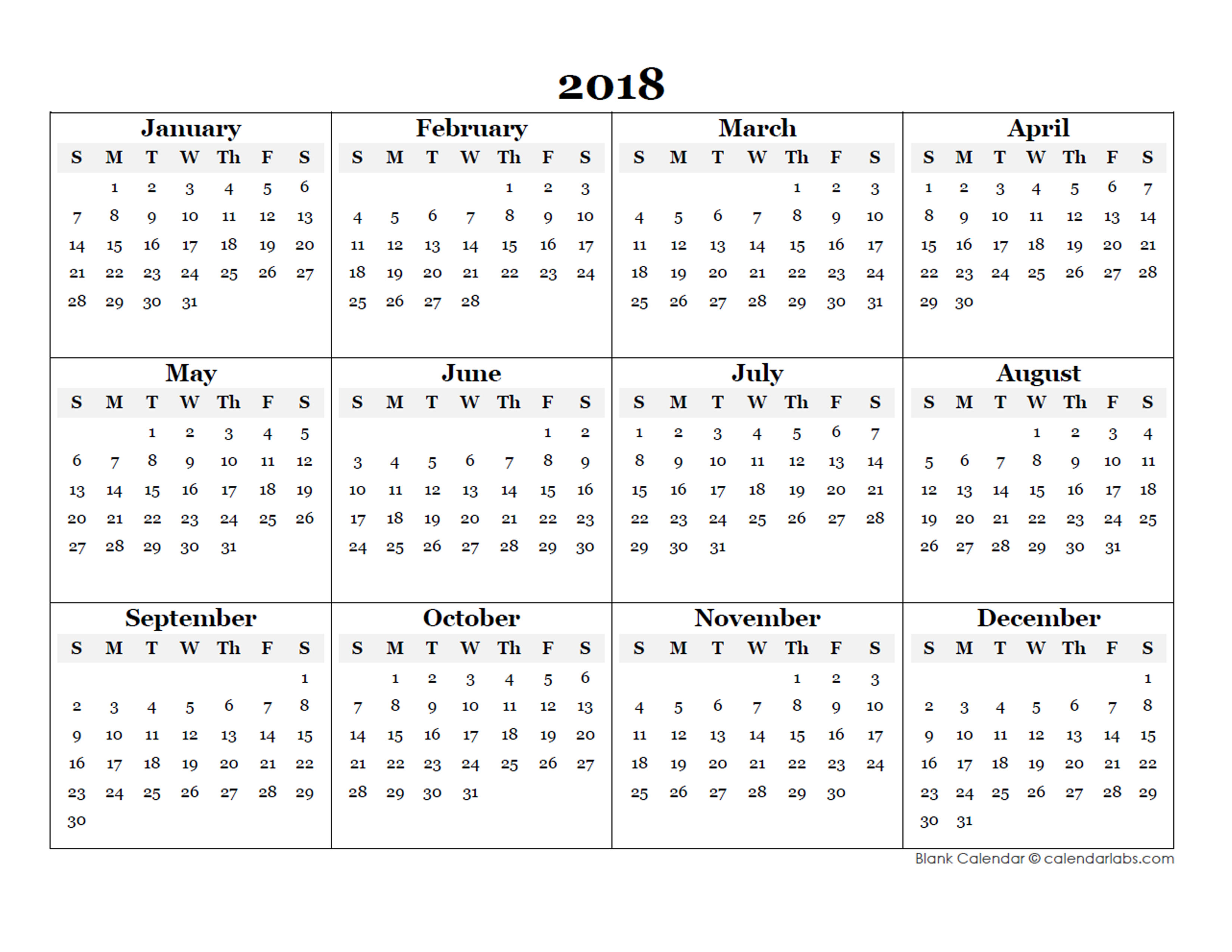 2018 Blank Yearly Calendar Template Free Printable Templates