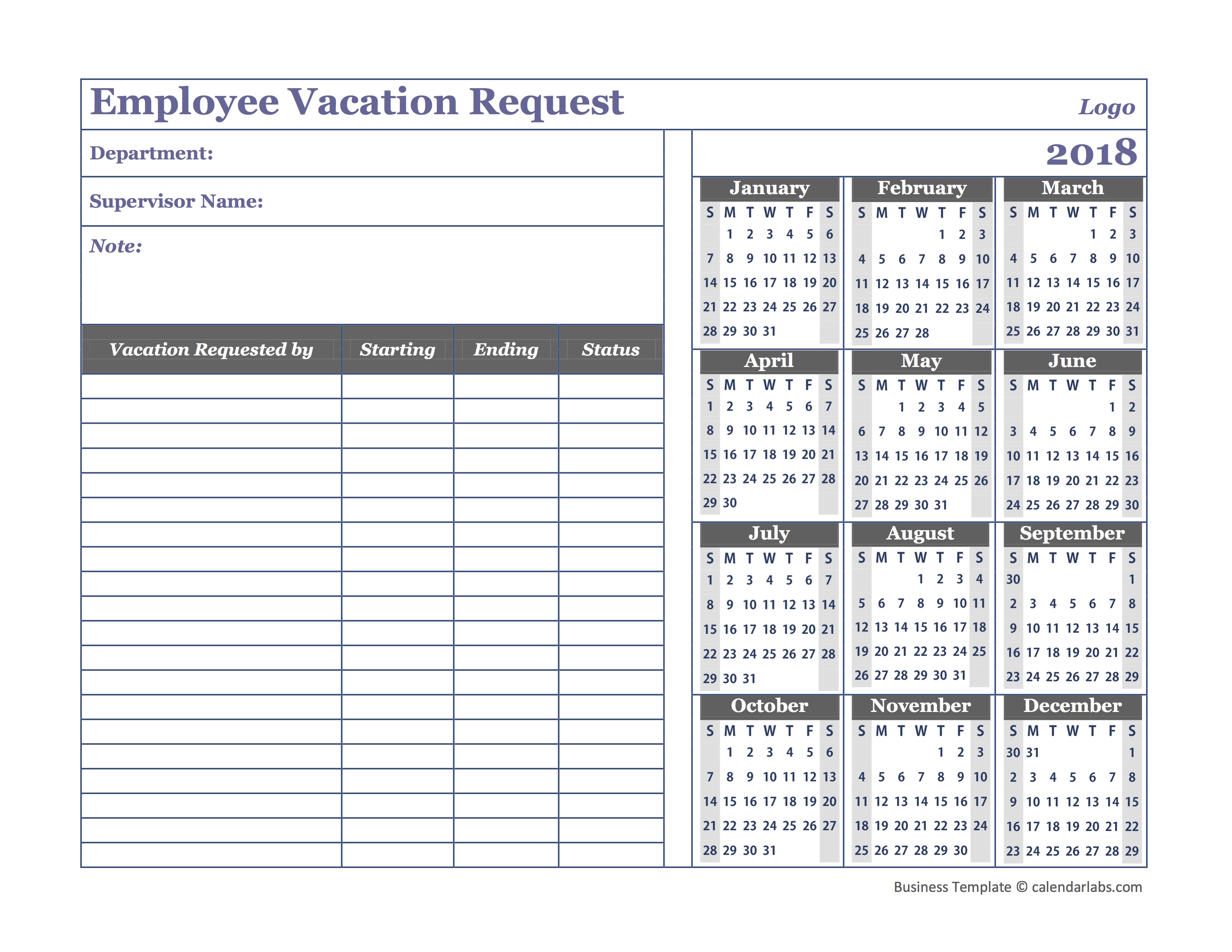 2018 Business Employee Vacation Request Free Printable Templates Printable Blank 2018 Employee Time Calendar Sheet 11 215 17 Free Calendar Template