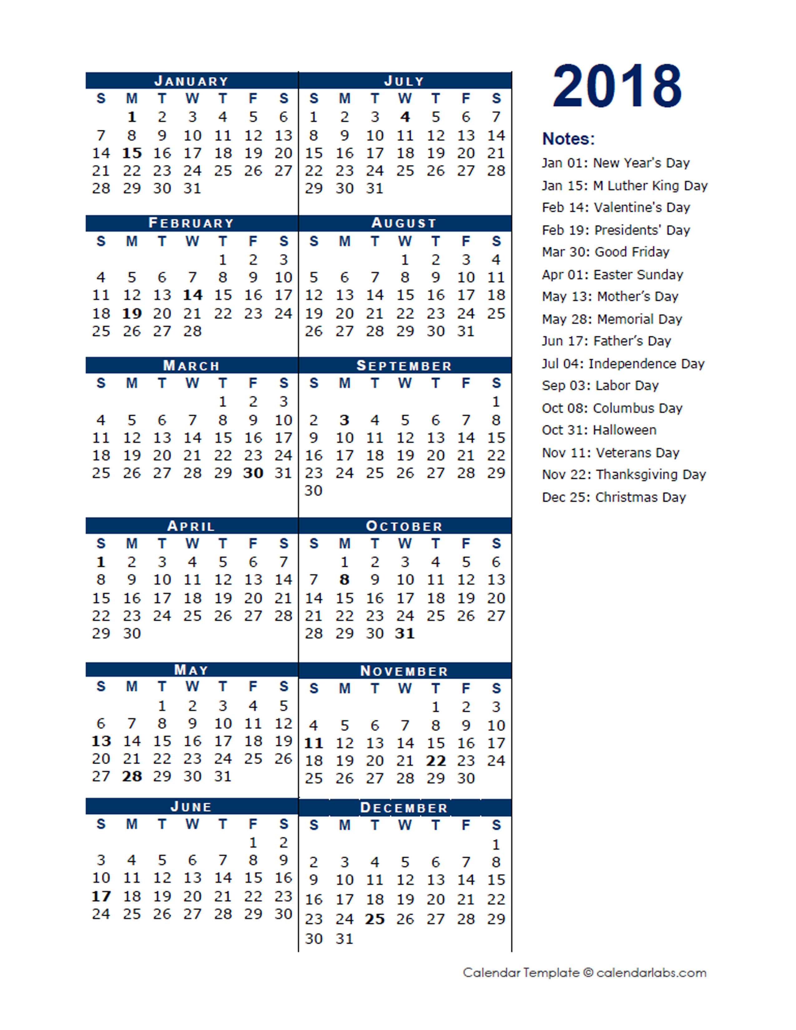 2018 full year calendar template half page free printable templates
