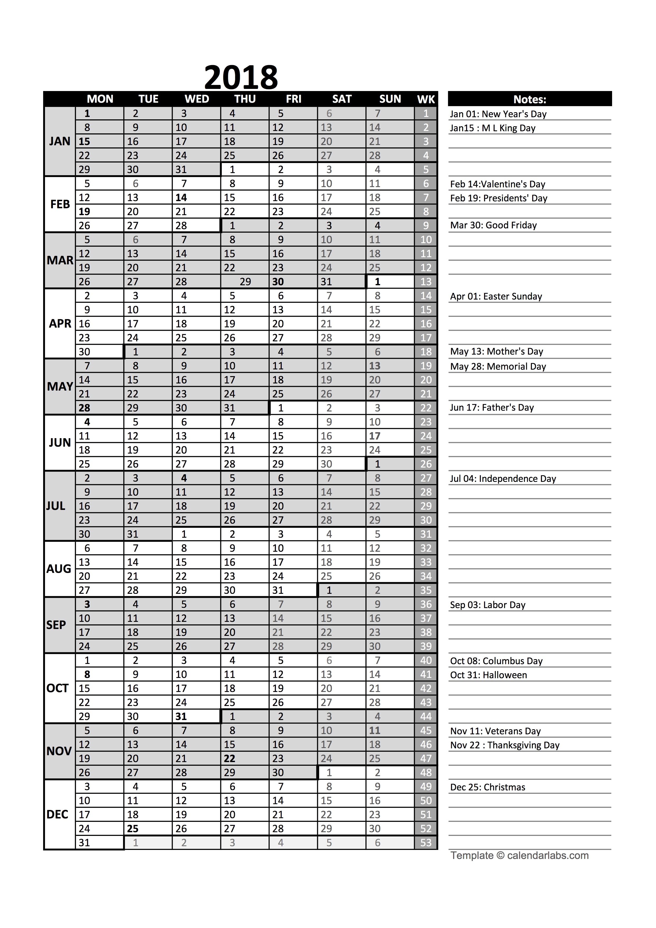 2018 business project planning calendar with week number free weekly calendar printable 2019