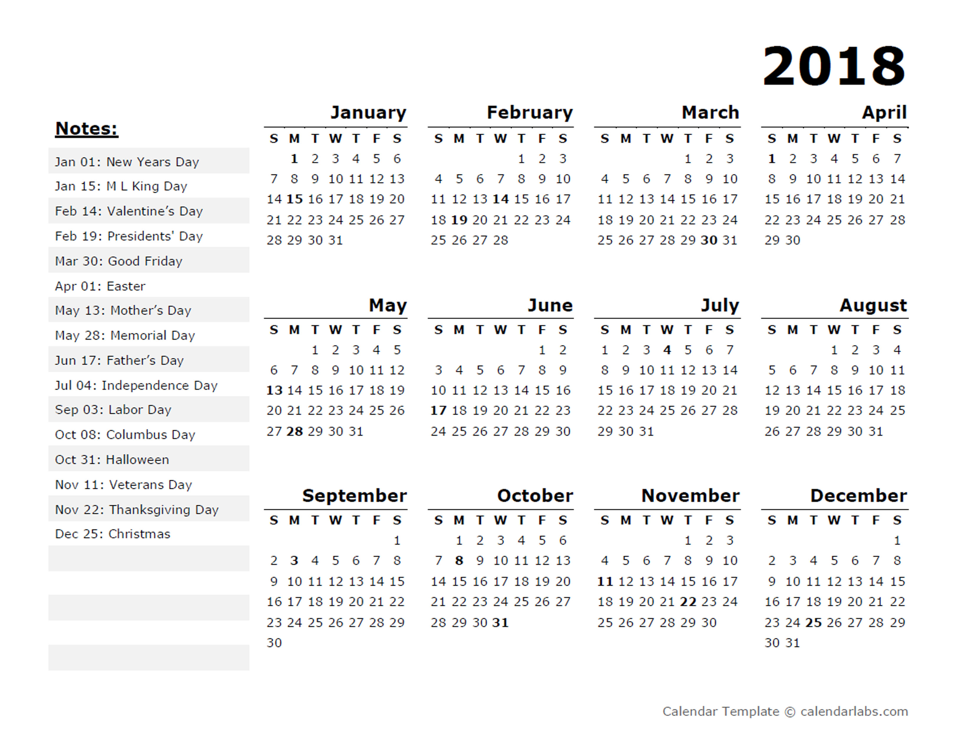 2018 Year Calendar Template With US Holidays Free