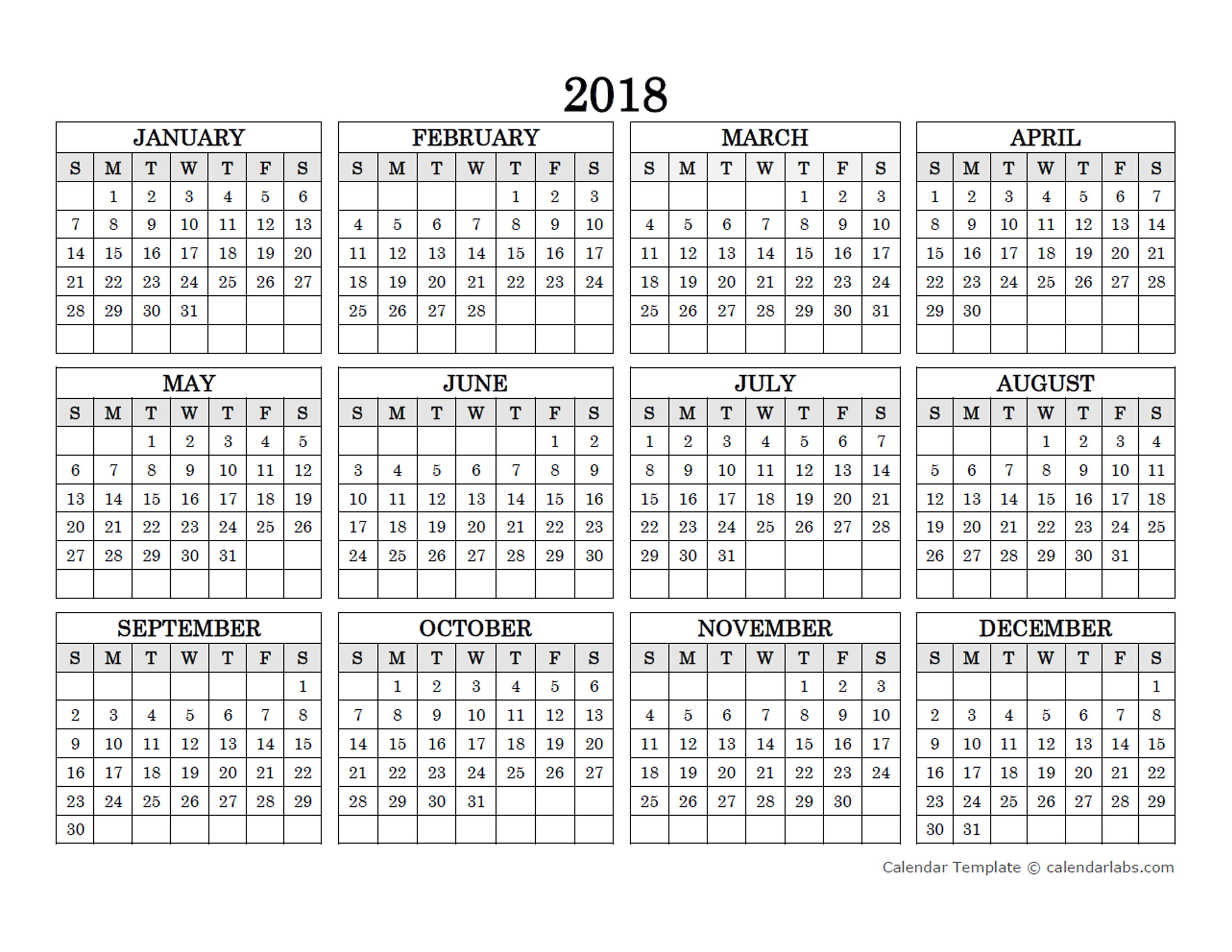 2018 Blank Yearly Calendar Landscape Free Printable