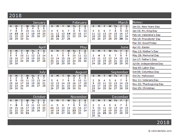 12 Month One Page Calendar Template For 2018 Free Printable Templates