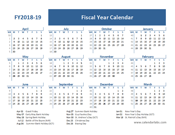 Fiscal Year 2018 Calendar Template