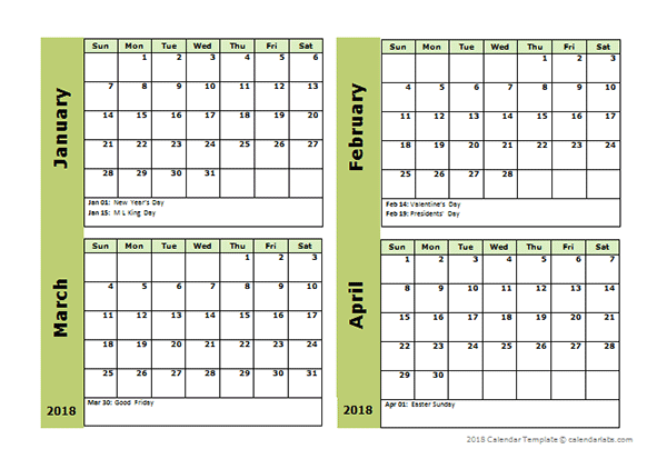 2018 Four Month Calendar Template Free Printable Templates
