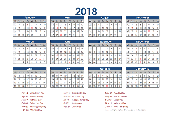 2018 Accounting Calendar 4 5 4 Free Printable Templates