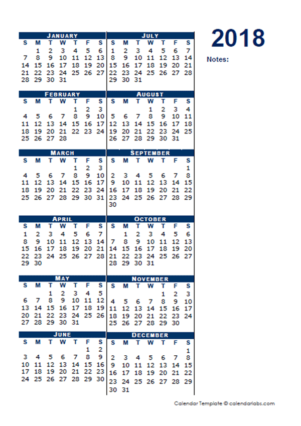 2018 Blank Calendar Half Page Template