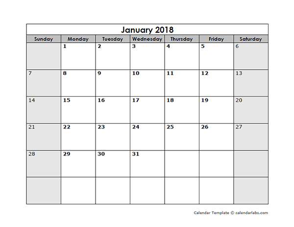 Blank Monthly Calendar 2018