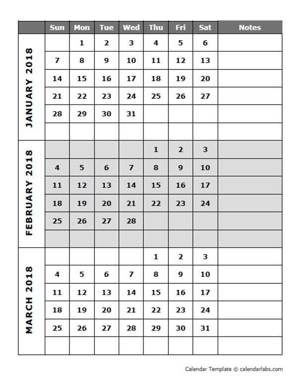 2018 Blank Quarterly Calendar
