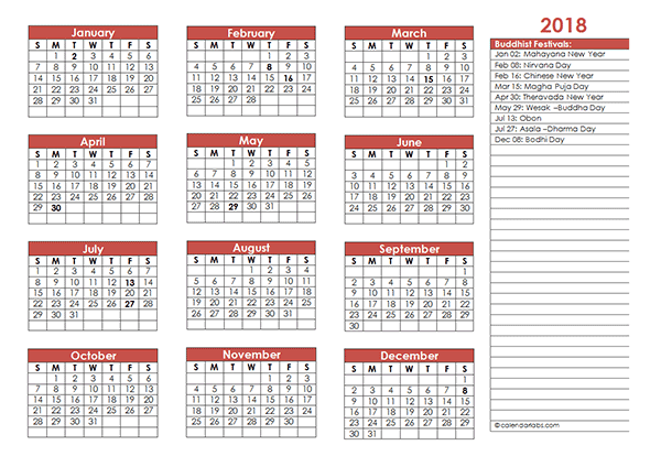 2018 Buddhist Festivals Calendar Template