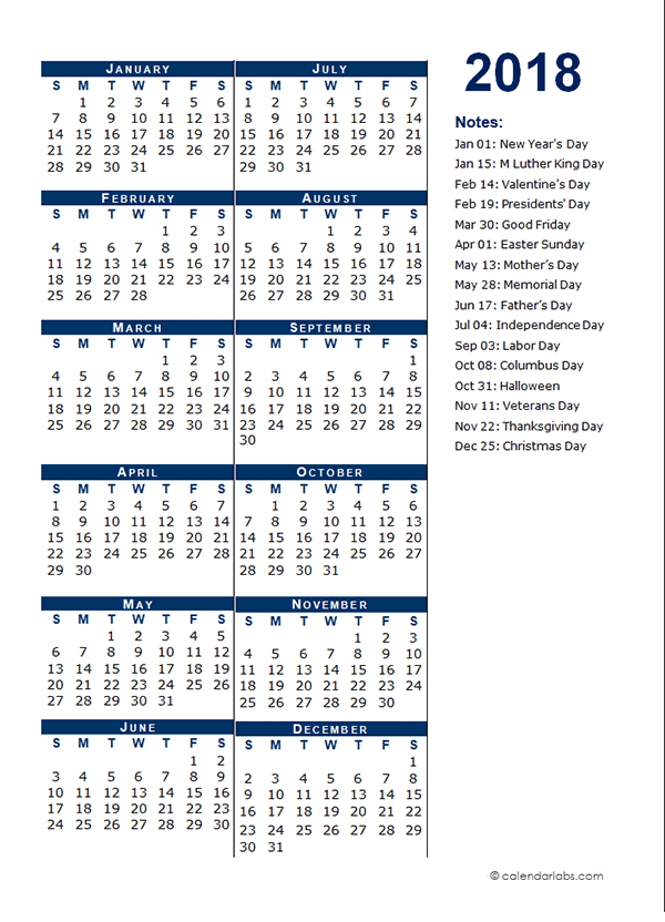 Annual Calendar Template 2018