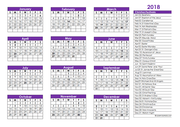 2018 Christian Festivals Calendar Template