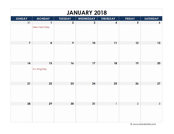 Excel 2018 Calendar Template from www.calendarlabs.com